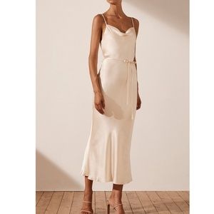 SHONA JOY LA LUNE BIAS COWL MIDI DRESS CREAM